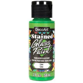 DecoArt stained glass paints in a 2oz bottle, vibrant red color, designed for creating colorful stained glass art projects.