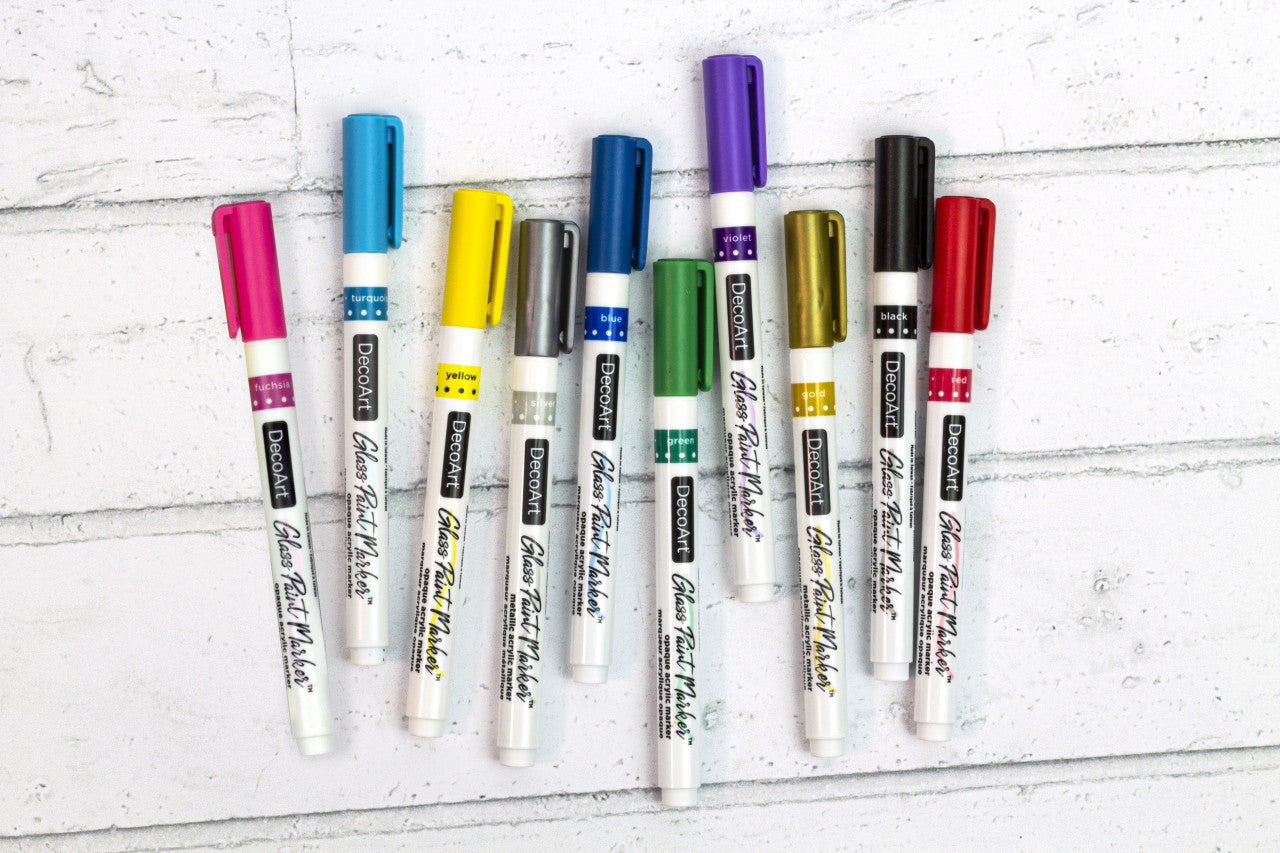 DecoArt silver opaque glass paint markers shown, fine tip for detailed artwork on glass surfaces.