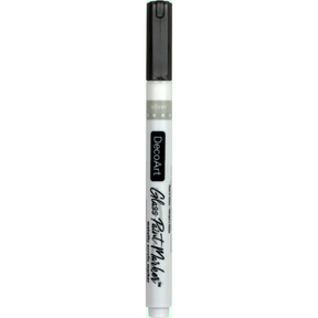 DecoArt opaque silver glass paint markers showing fine tip and vibrant silver ink for decorating glass surfaces.