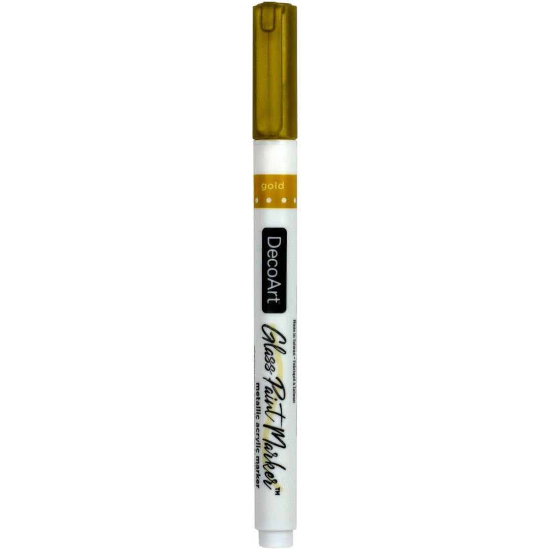 Silver opaque glass paint markers by DecoArt, featuring a fine tip for detailed art on glass surfaces.