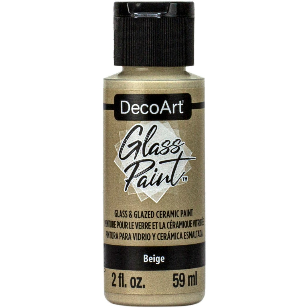 White DecoArt Glass Paint in a 2 oz bottle, designed for vibrant, durable glass decorating and craft projects.