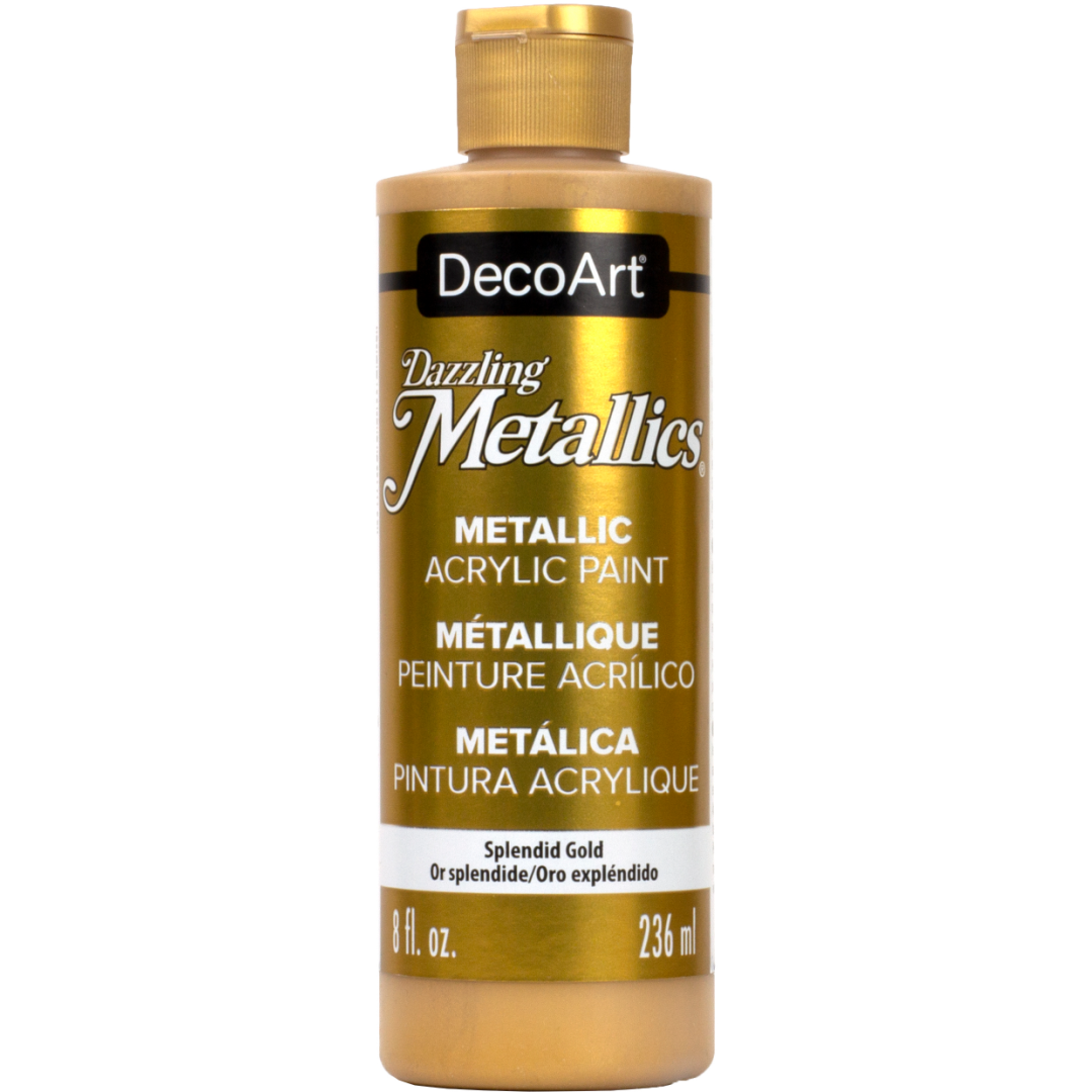 DecoArt Dazzling Metallics Splendid Gold acrylic paint bottle with white pearl finish, 2 oz.