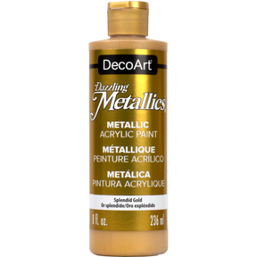 DecoArt Dazzling Metallics Splendid Gold acrylic paint bottle with white pearl finish, 2 oz.