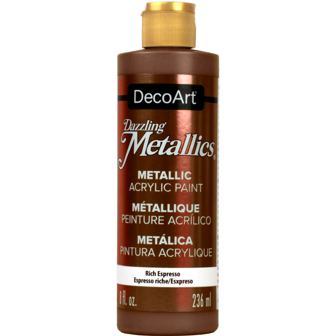 DecoArt Dazzling Metallics Rich Espresso acrylic paint, 2 oz bottle with white pearl finish