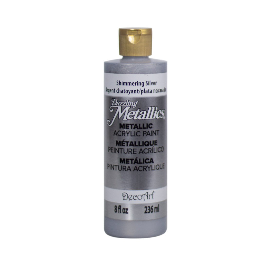 DecoArt Dazzling Metallics Shimmering Silver acrylic paint in a 2 oz bottle
