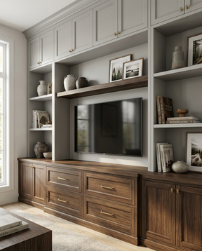 Modern living room with wooden entertainment center and wall-mounted TV.