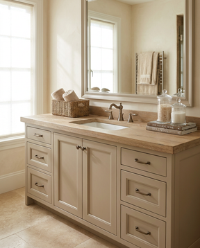 Bathroom vanity with wooden countertop, sink, and mirror.