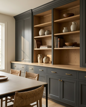 Kitchen with dark gray cabinets and wooden shelves filled with decorative items.