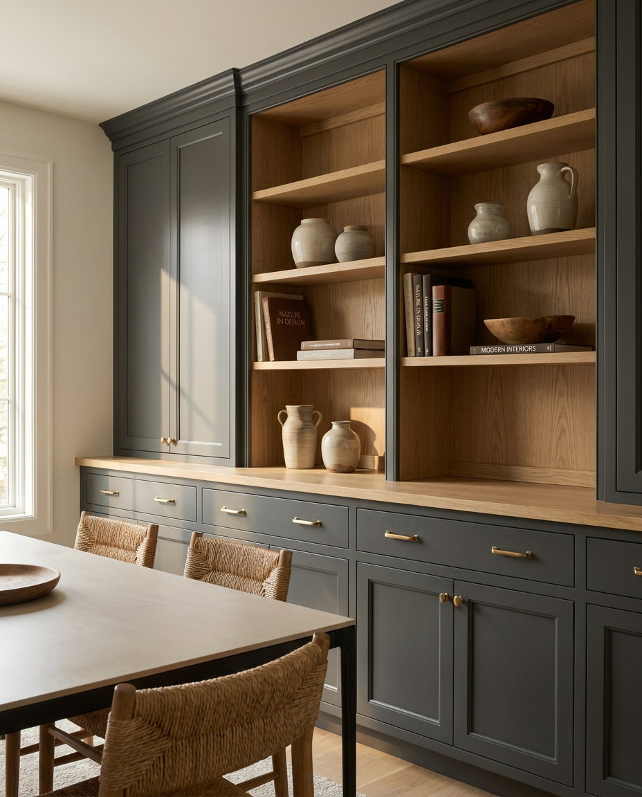 Kitchen with dark gray cabinets and wooden shelves filled with decorative items.