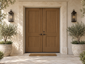 Double modern walnut wood front door kit with stained wood grain finish by Retique It, showcasing sleek design and rich texture.