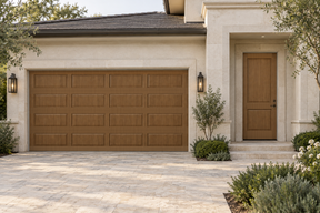 Retique It Wood'n Door Kit for front and garage doors in modern walnut stain, featuring rich wood grain details.
