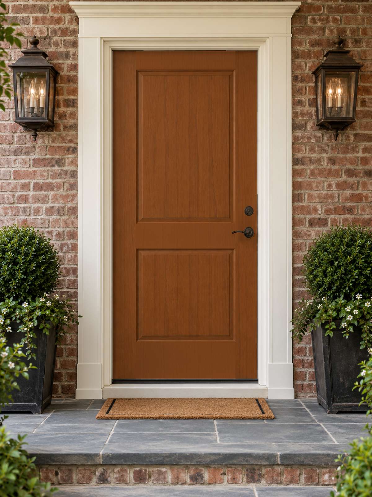 Retique It Wood'n Finish Cedar front door kit with stained cedar wood grain, ideal for enhancing outdoor entryways.