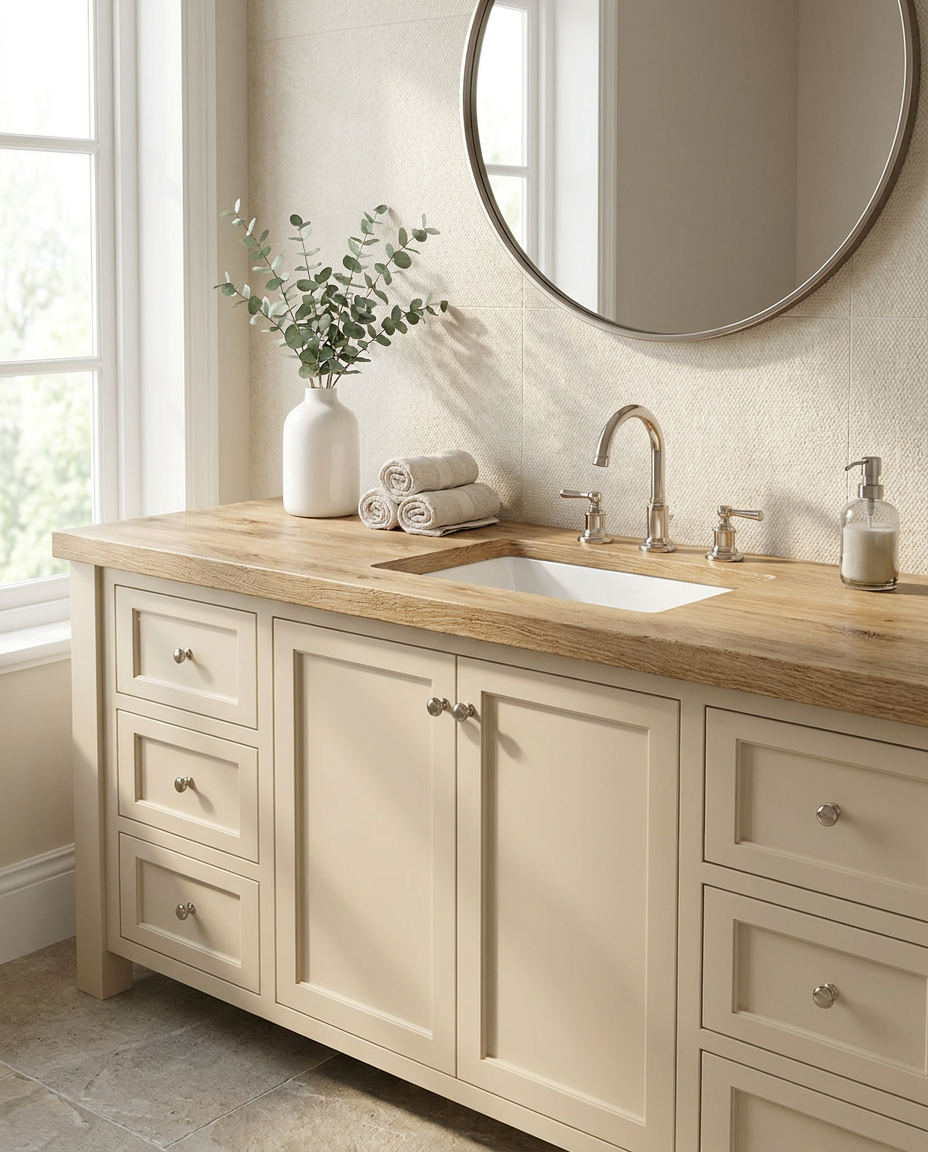Bathroom vanity with wooden countertop, sink, and round mirror.