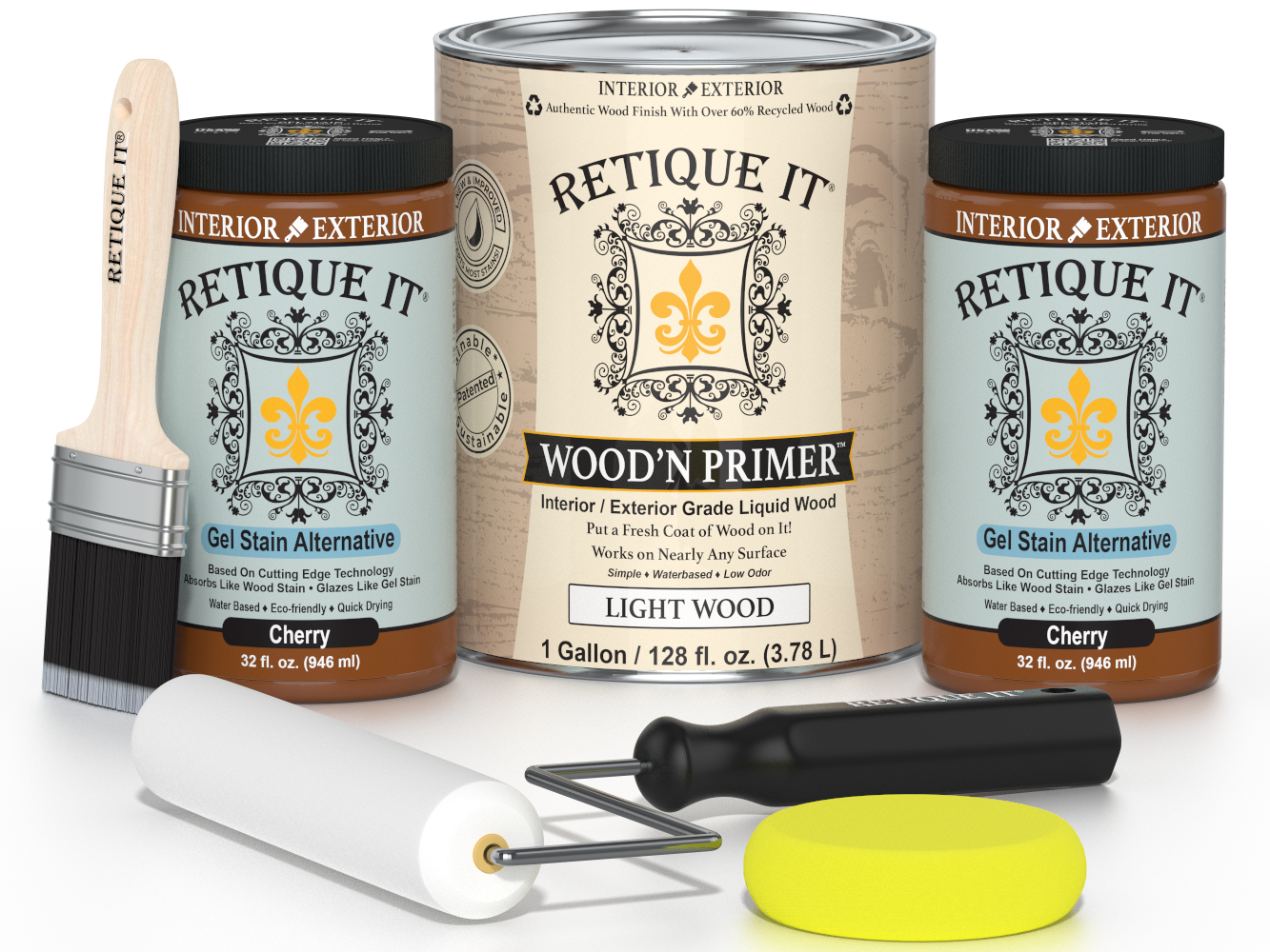 Retique It wood care products including a can, bottles, and tools on a white background