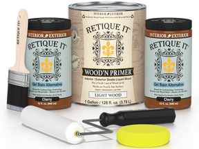 Retique It wood care products including a can, bottles, and tools on a white background