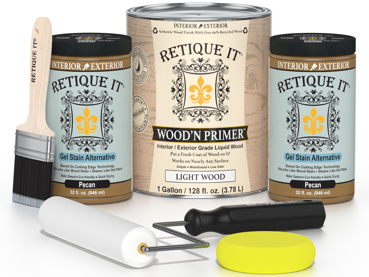 Retique It wood finish products including cans, a brush, and applicators on a white background.