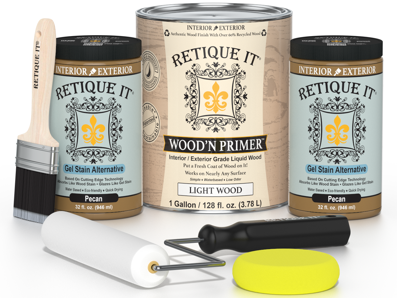 Retique It wood finish products including cans, a brush, and applicators on a white background.