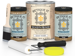Retique It wood finish products including cans, a brush, and applicators on a white background.