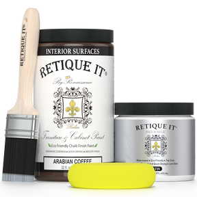 Retique It by Renaissance Arabian Coffee furniture and cabinet paint with polyacrylic top coat, paintbrush, and yellow applicator sponge.