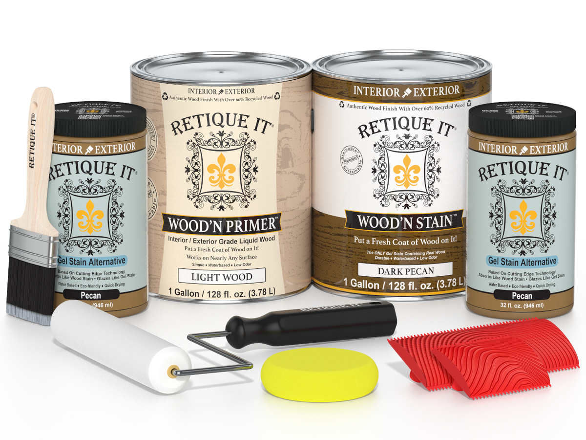 Retique It wood care products including cans of primer and stain, a brush, roller, and applicators on a white background.