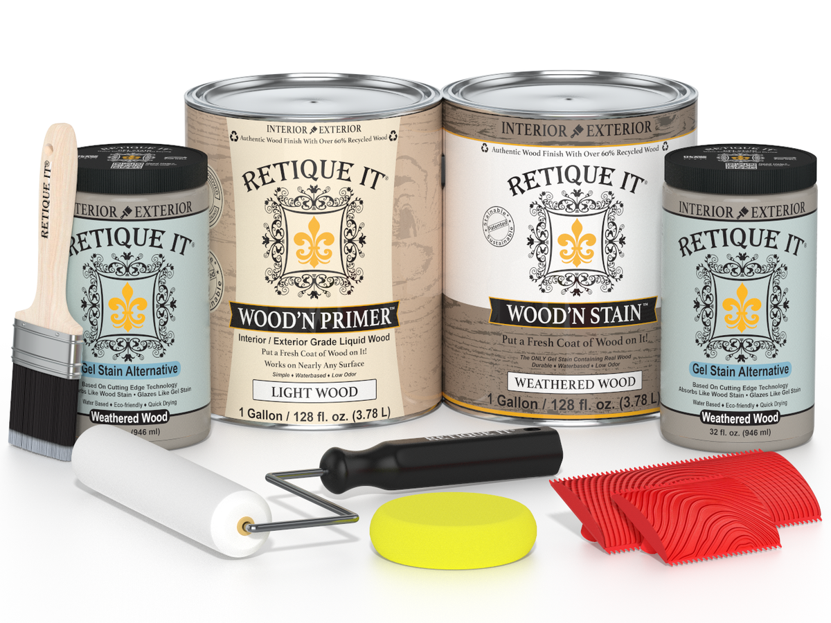 Retique It wood care products including cans, a brush, roller, and applicators on a white background.