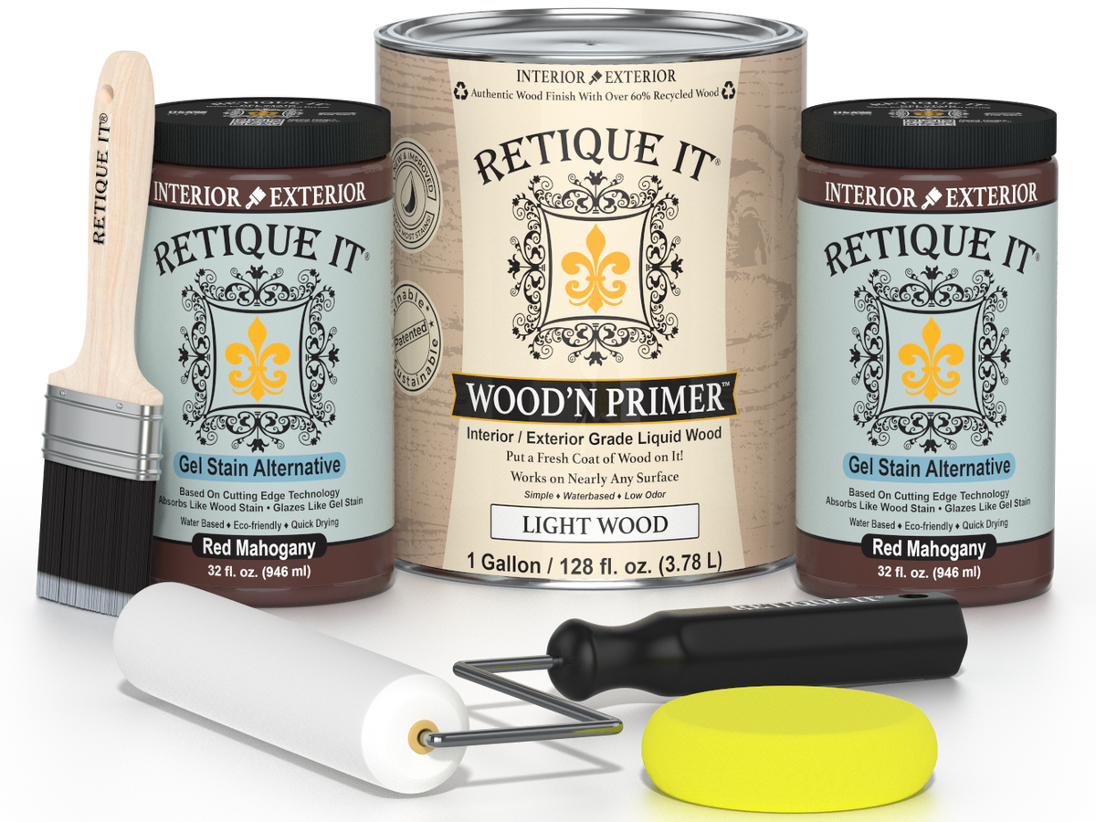 Retique It wood care products including a can, jar, brush, and applicator on a white background.
