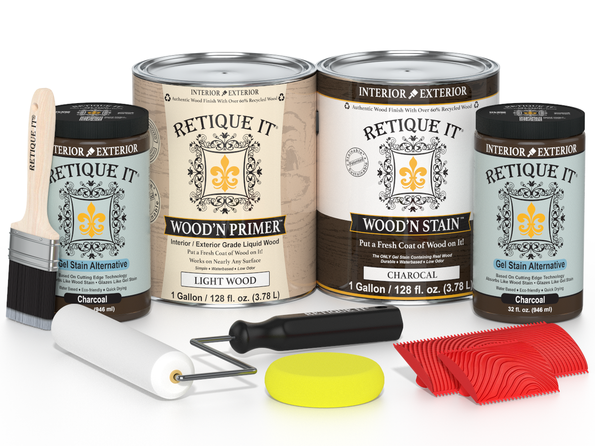 Retique It wood staining products including cans, a brush, roller, and applicators on a white background.