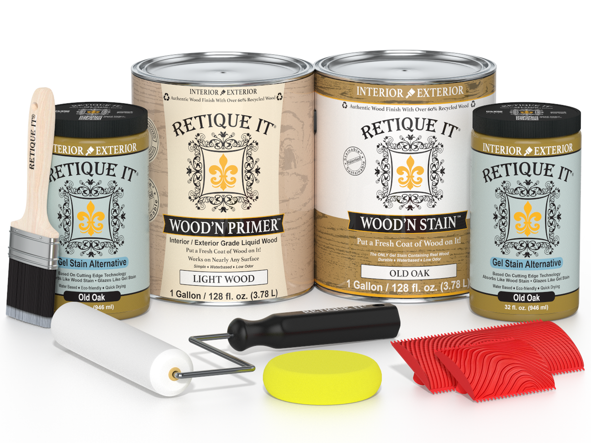 Retique It wood care products including cans, a brush, roller, and applicators on a white background.