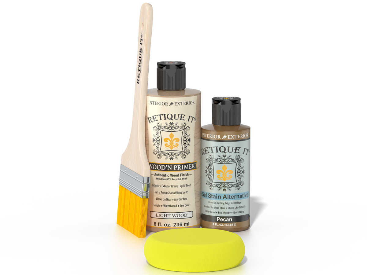 Two bottles of 'Retique It' wood care products with a brush and sample on a white background