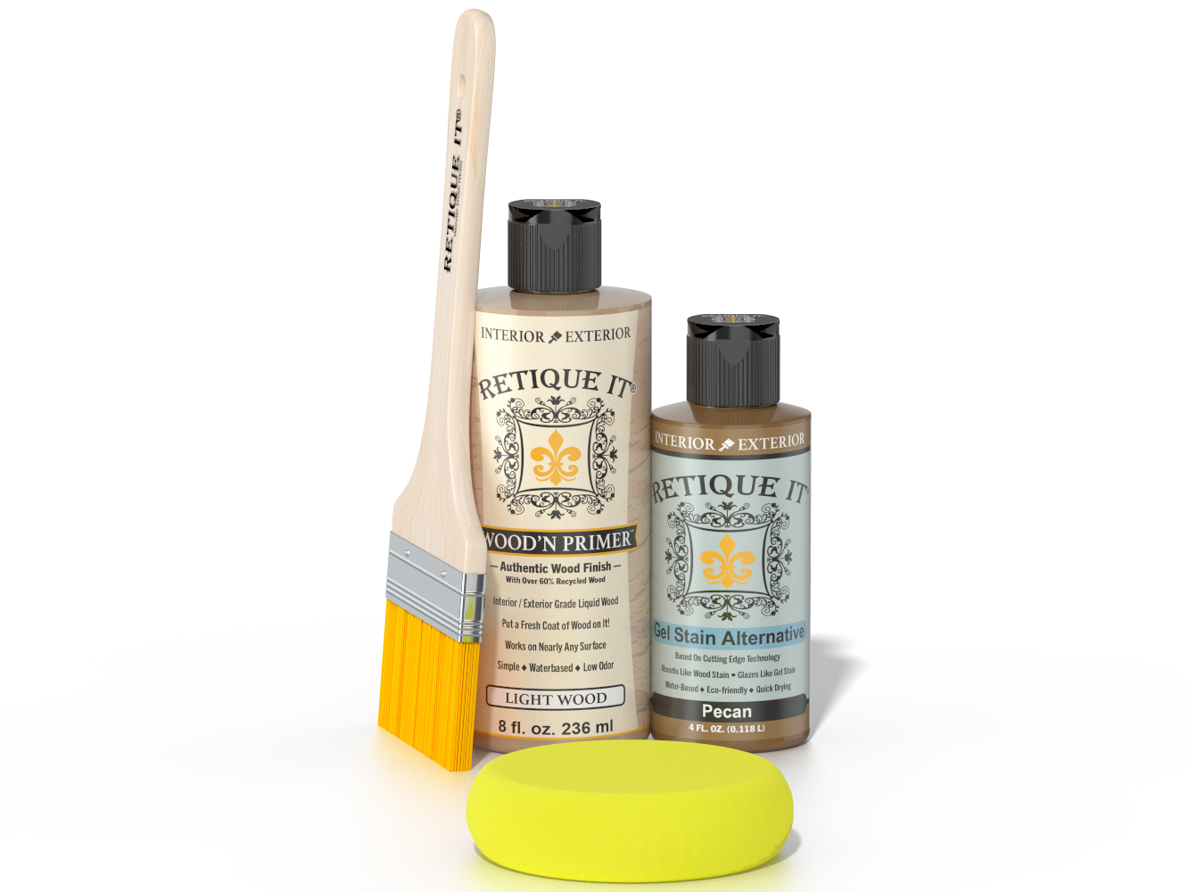 Two bottles of 'Retique It' wood care products with a brush and sample on a white background