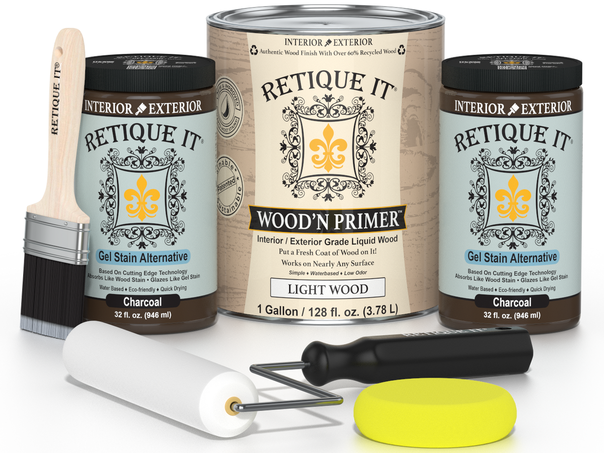 Retique It wood primer and gel stain alternative products with tools on a white background
