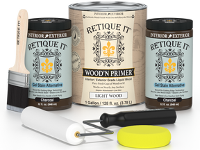Retique It wood primer and gel stain alternative products with tools on a white background