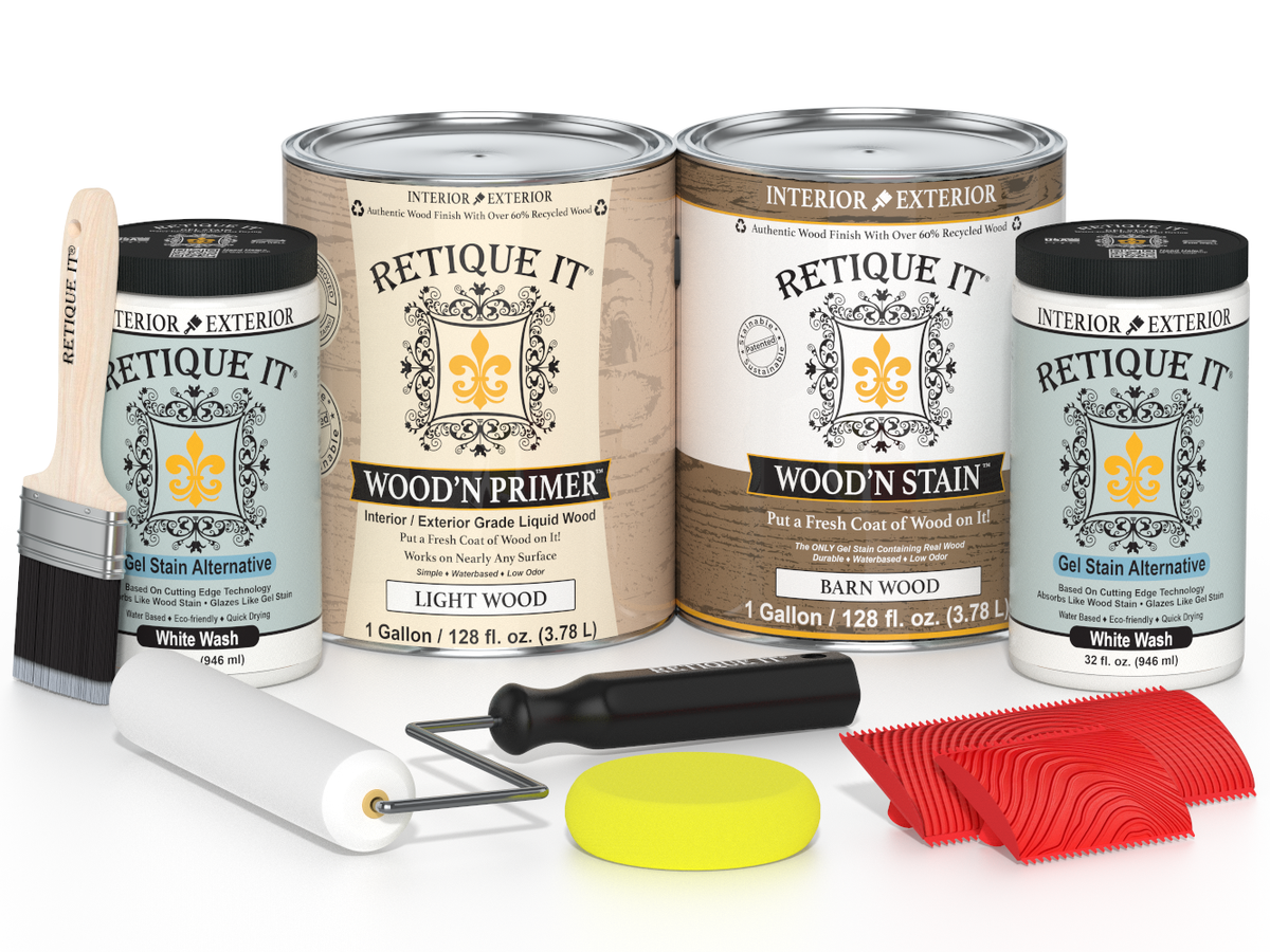 Retique It wood care products including cans, a brush, roller, and applicators on a white background.