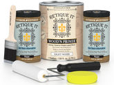 Retique It wood finish products including cans, a brush, and applicators on a white background.