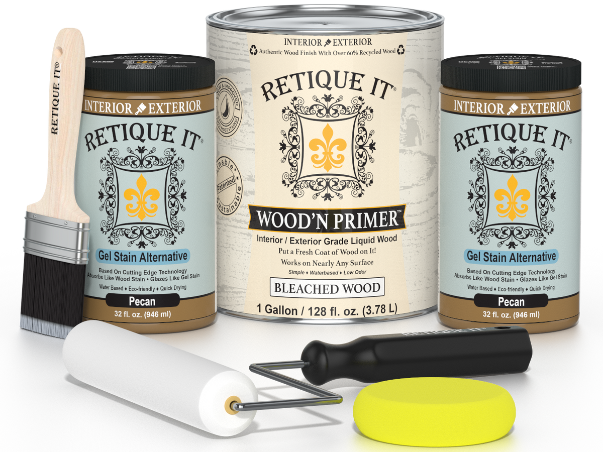Retique It wood finish products including paint cans, a brush, and applicators on a white background.