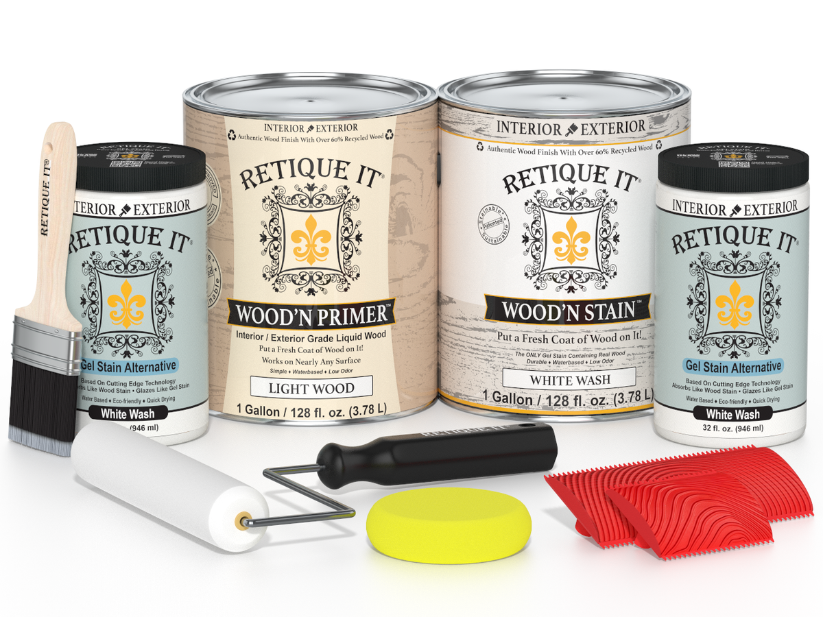 Retique It wood care products including cans, a brush, and applicators on a white background