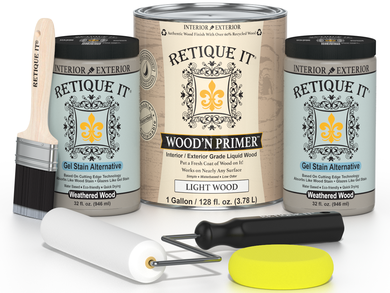 Retique It wood finish products including paint cans, a brush, and applicators on a white background.