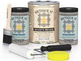 Retique It wood finish products including paint cans, a brush, and applicators on a white background.
