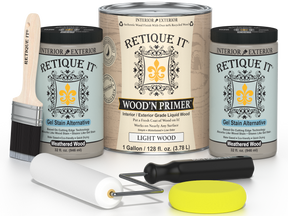 Retique It wood finish products including paint cans, a brush, and applicators on a white background.