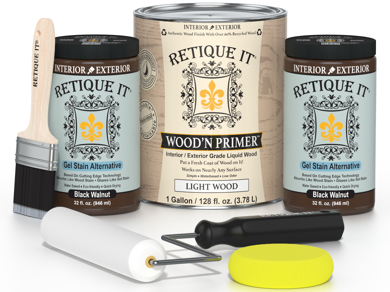 Retique It wood care products including a can, jars, and applicators on a white background.