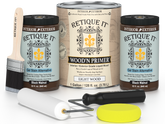 Retique It wood care products including a can, jars, and applicators on a white background.