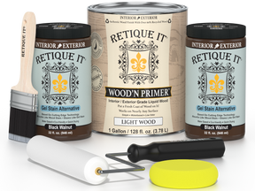 Retique It wood care products including a can, jars, and applicators on a white background.
