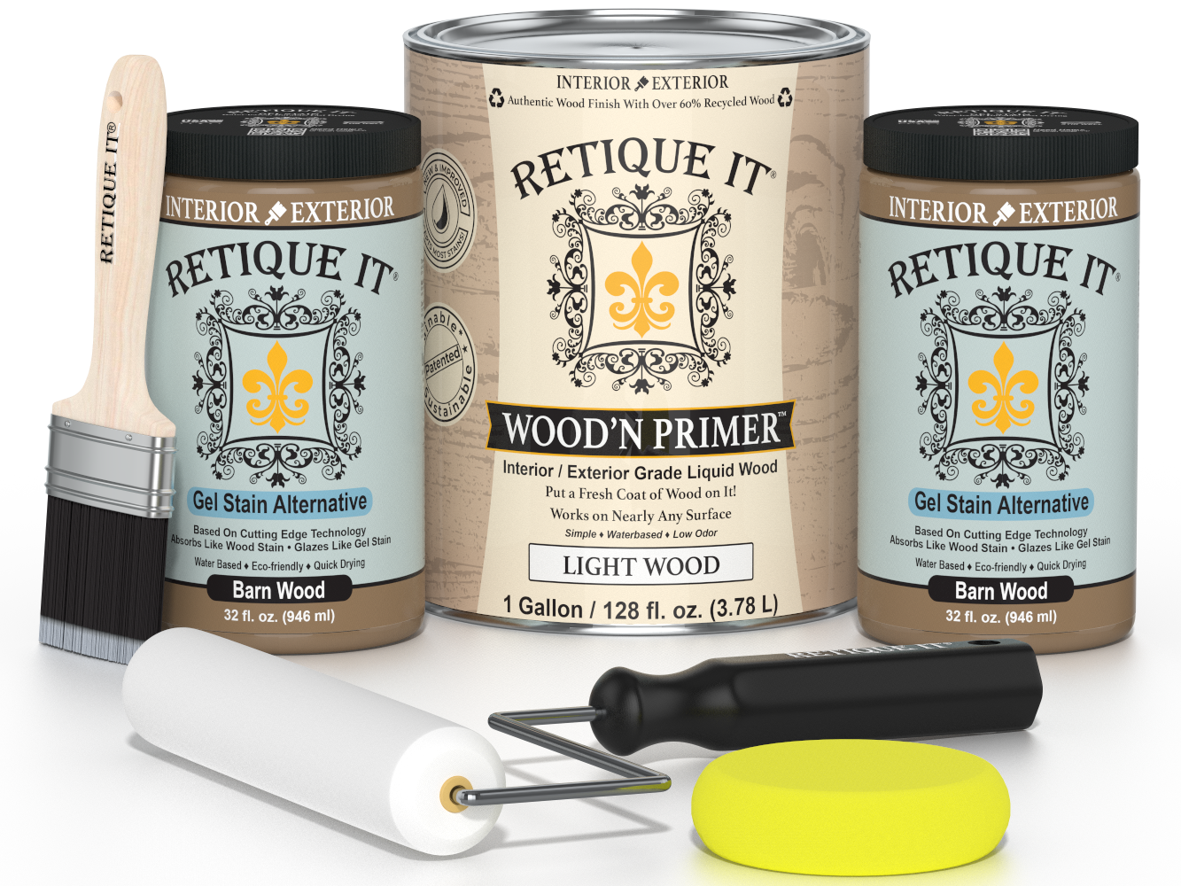 Retique It wood finish products including a can, jar, brush, and roller on a white background.