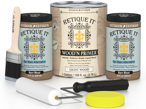 Retique It wood finish products including a can, jar, brush, and roller on a white background.