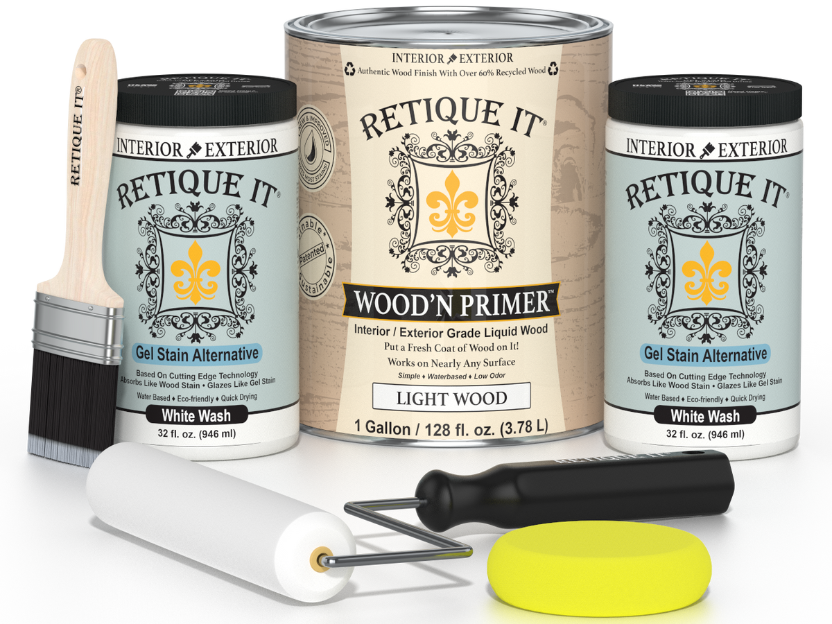 Retique It wood finish products including cans, a brush, and a roller on a white background.