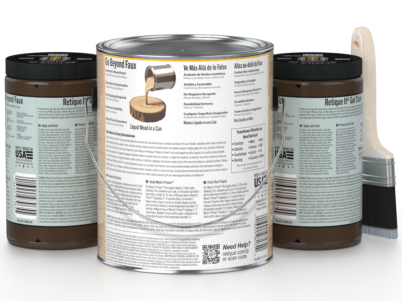 Three cans of paint with labels and a brush on a white background