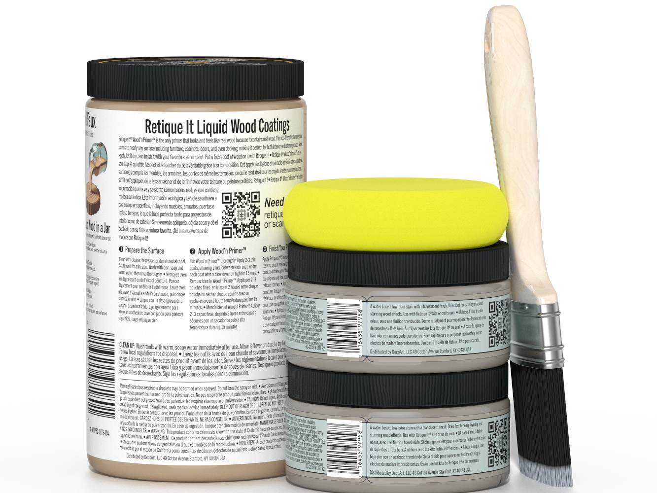 Two containers of Retique It Liquid Wood Coatings with a foam applicator and brush on a white background