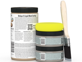 Two containers of Retique It Liquid Wood Coatings with a foam applicator and brush on a white background