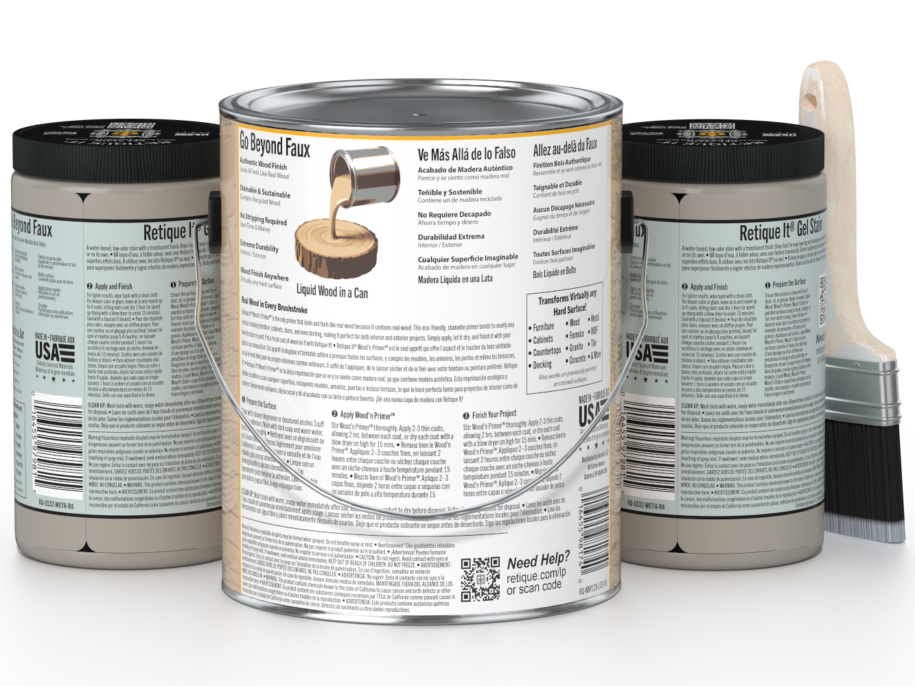 Three cans of paint with labels and a brush on a white background