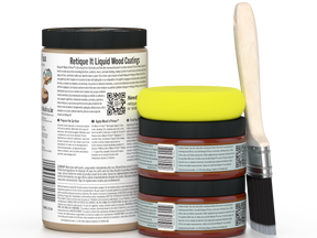 Three jars of Retique It Liquid Wood Coatings with a brush on a white background